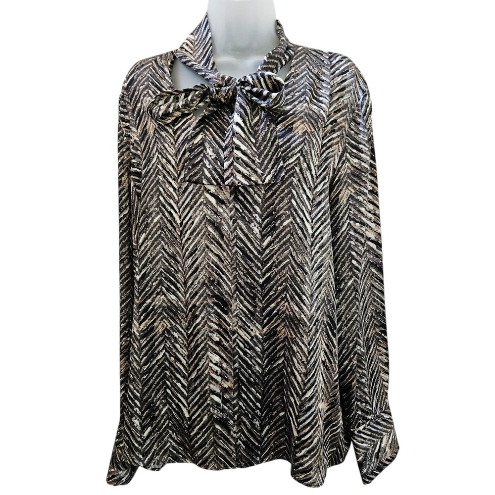 Lafayette 148 Top 16 Brown Zebra Zig Zag Print Tie Hidden Button‎ Up Luxury NWOT